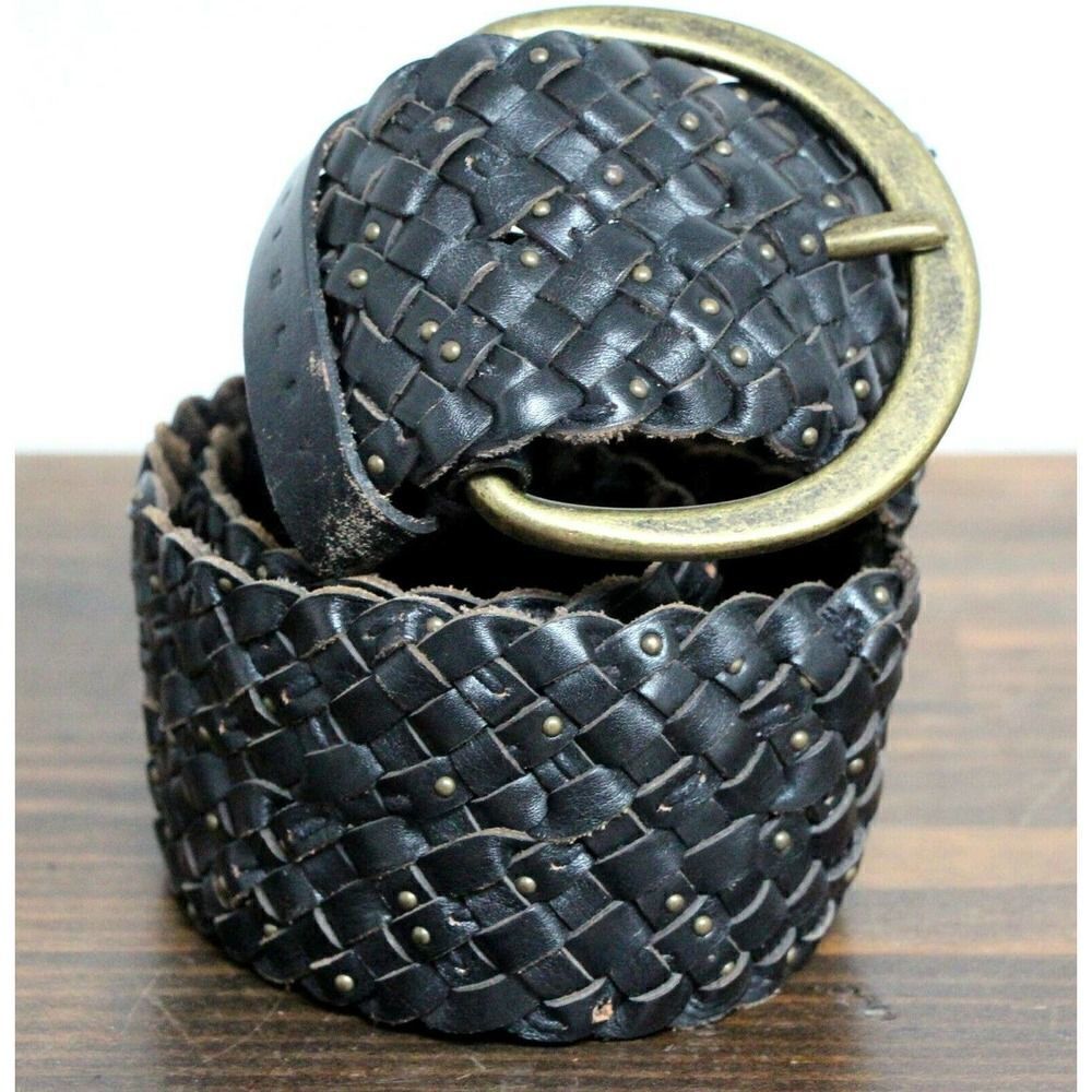 Sisley STUDDED BRAIDED BROWN GENUINE LEATHER 2.75"Wd CORSET WOMEN'S BELT M/L (F1
